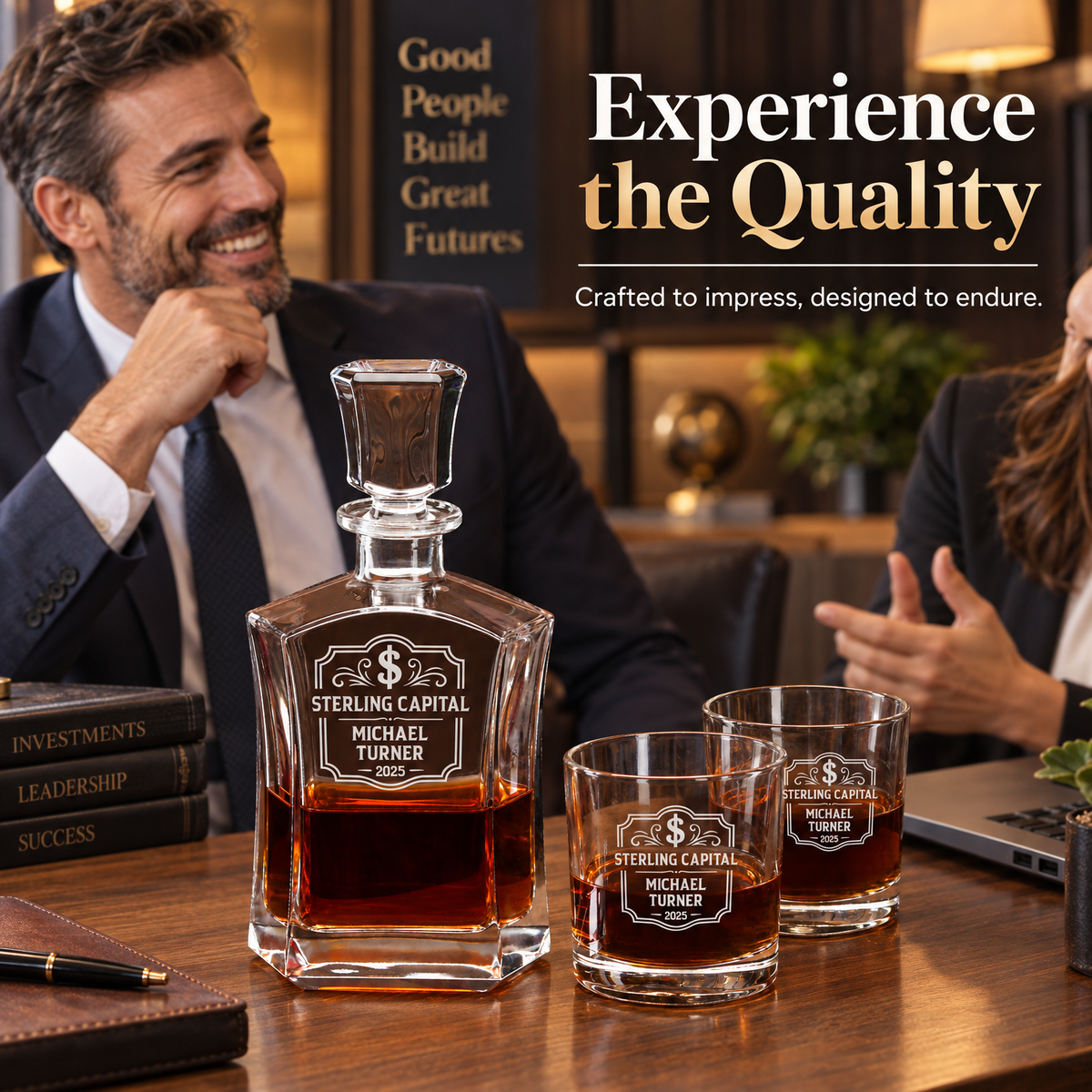 Finance Company Gifts – Slick Decanter Set with 4 Glasses & Wooden Box – image 11
