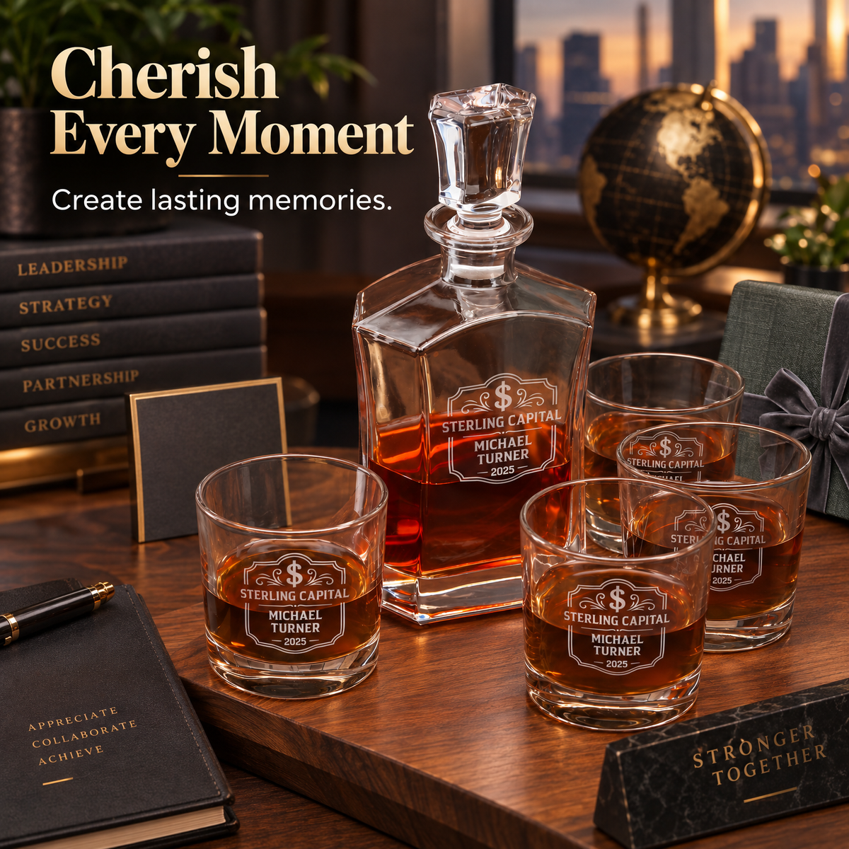 Finance Company Gifts – Slick Decanter Set with 4 Glasses & Wooden Box product image