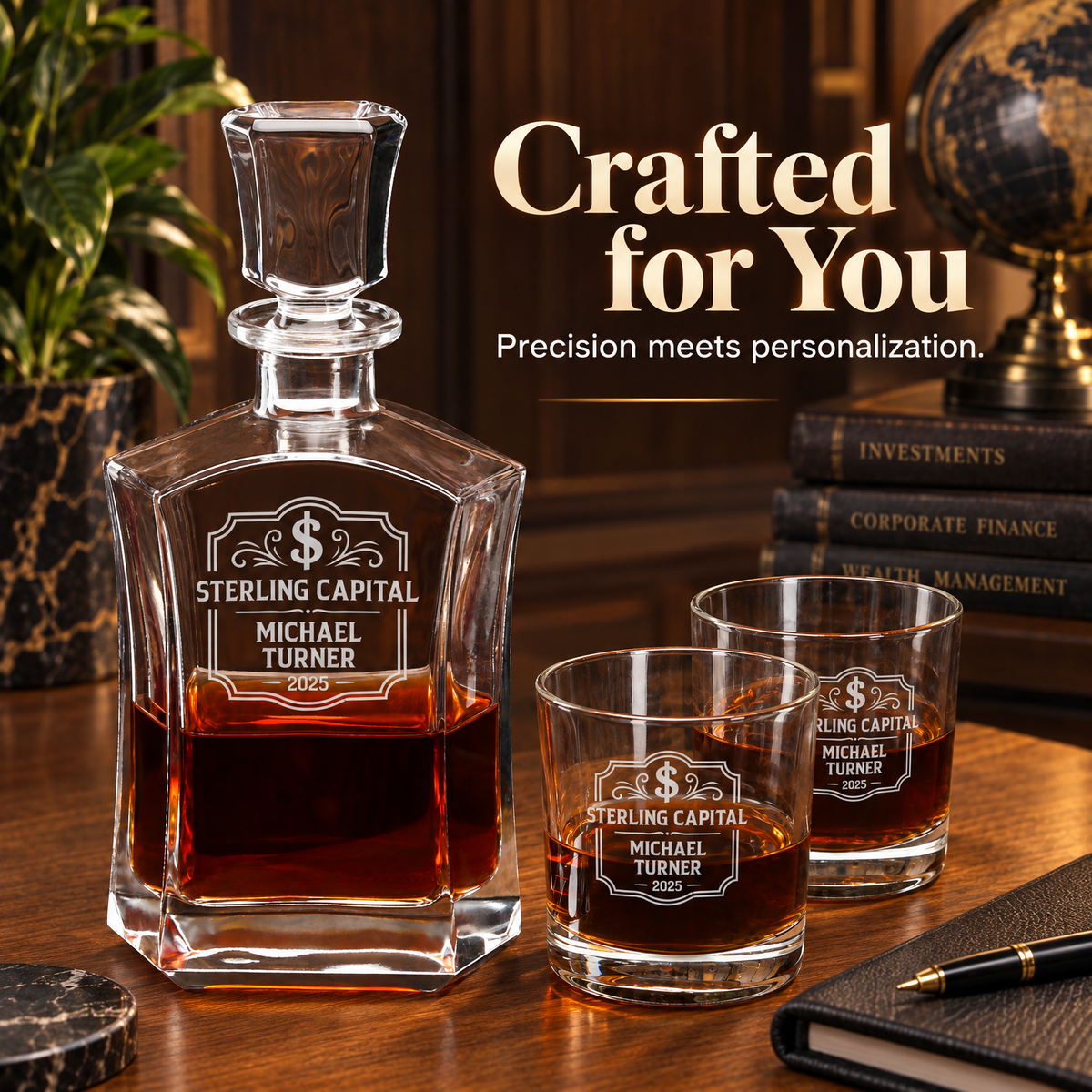 Finance Company Gifts – Slick Decanter Set with 4 Glasses & Wooden Box product image