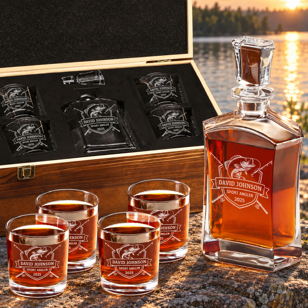 Gift for Fishermen – Slick Decanter Set with 4 Glasses & Wooden Box – image 01