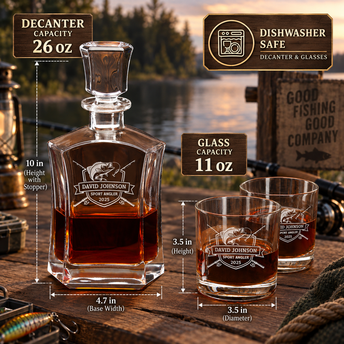 Gift for Fishermen – Slick Decanter Set with 4 Glasses & Wooden Box product image