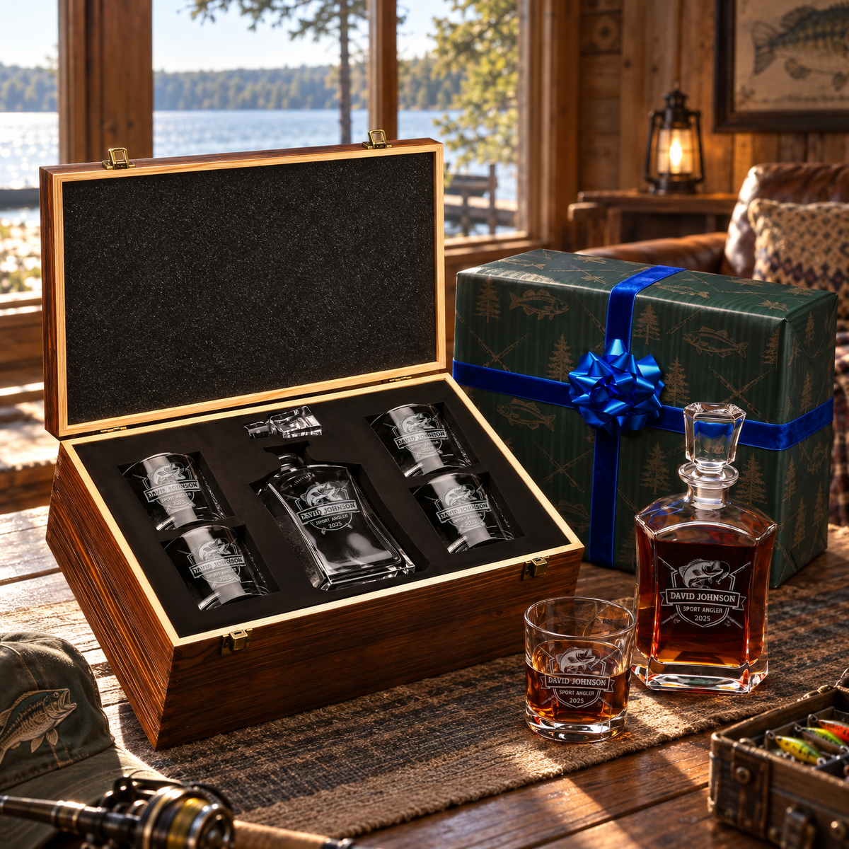Gift for Fishermen – Slick Decanter Set with 4 Glasses & Wooden Box product image