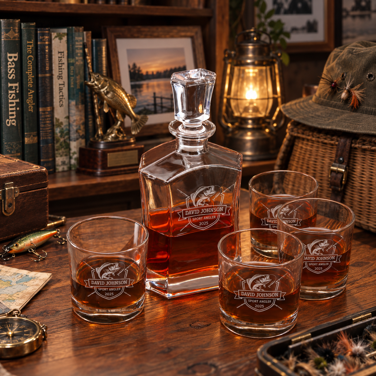 Gift for Fishermen – Slick Decanter Set with 4 Glasses & Wooden Box – image 08