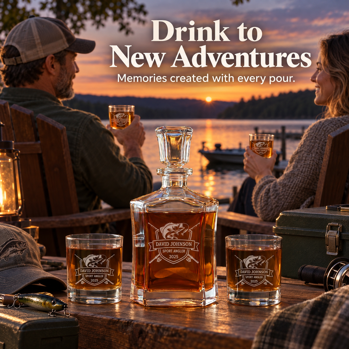 Gift for Fishermen – Slick Decanter Set with 4 Glasses & Wooden Box product image