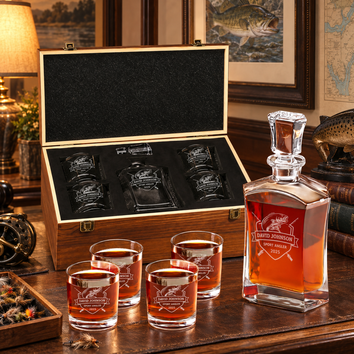 Gift for Fishermen – Slick Decanter Set with 4 Glasses & Wooden Box – image 10