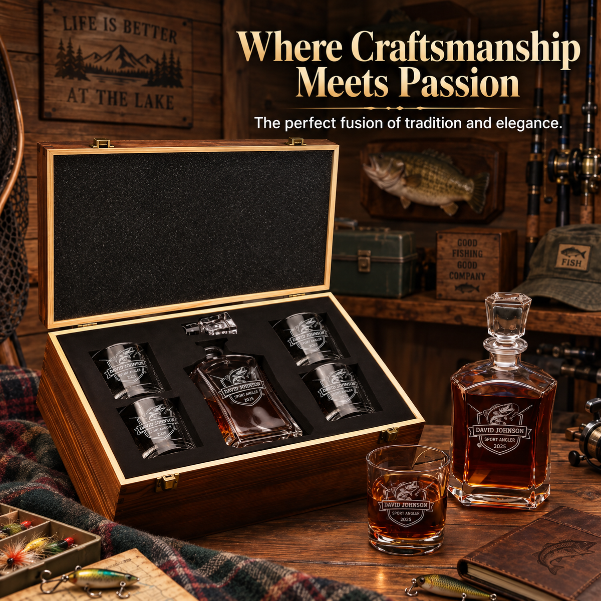 Gift for Fishermen – Slick Decanter Set with 4 Glasses & Wooden Box product image