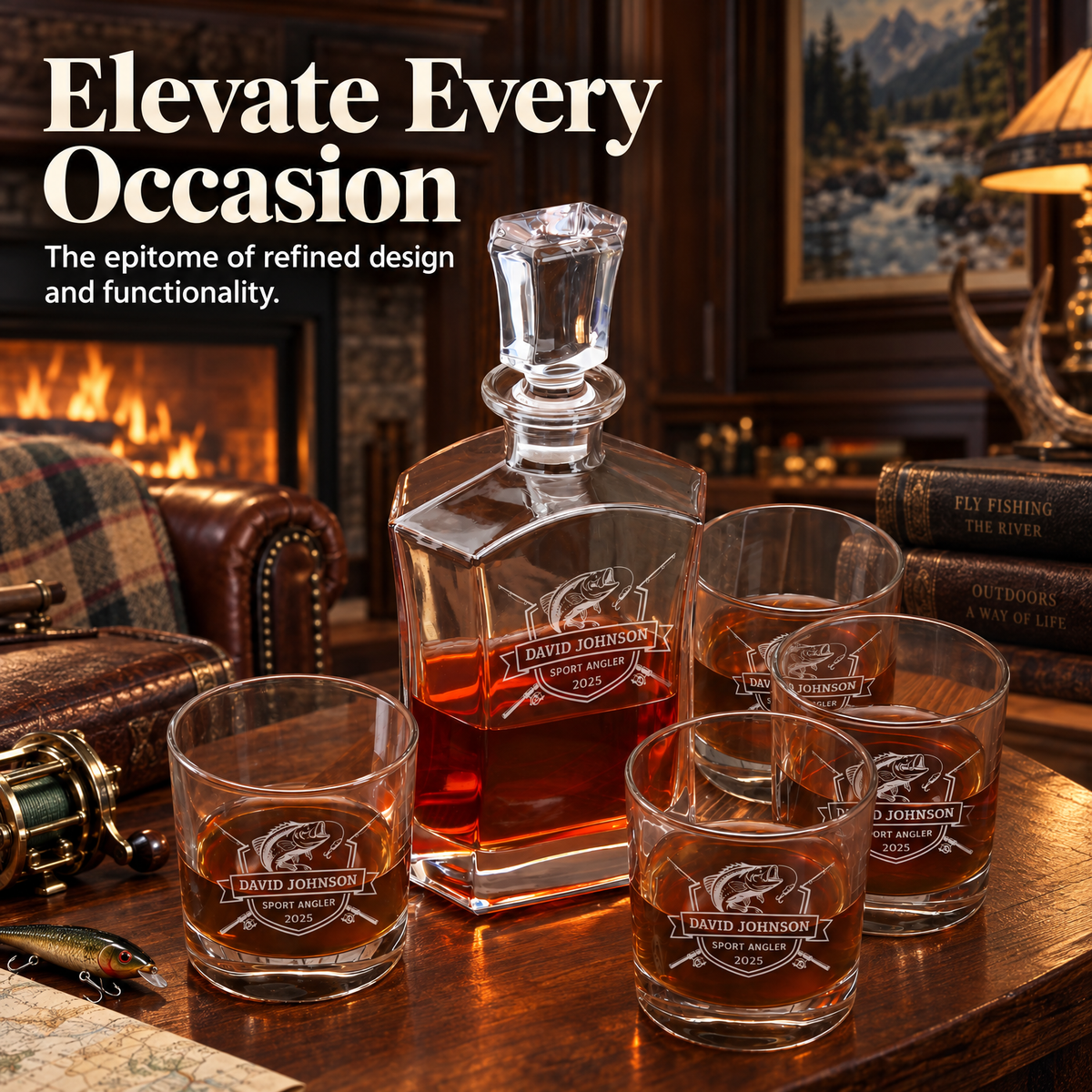 Gift for Fishermen – Slick Decanter Set with 4 Glasses & Wooden Box product image