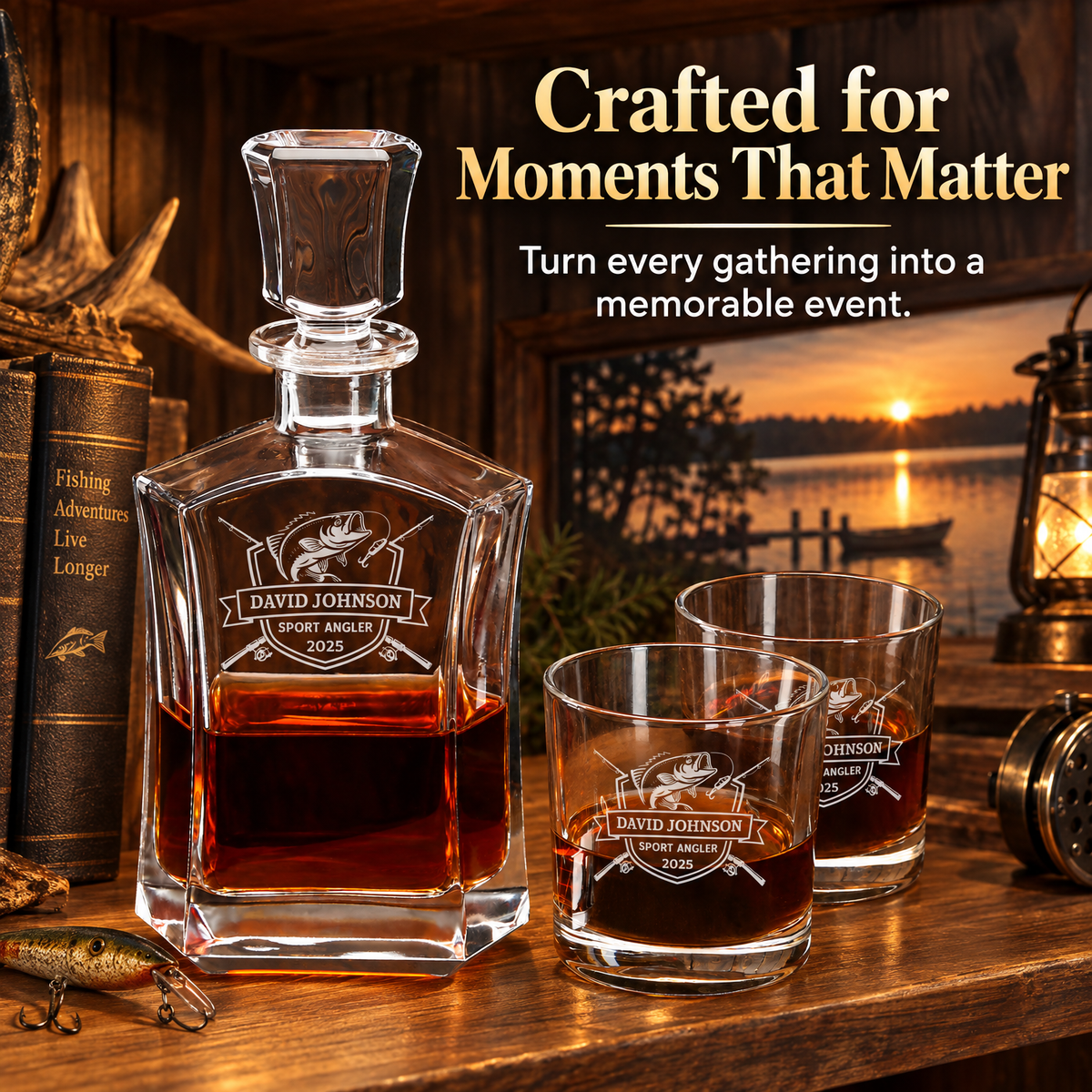 Gift for Fishermen – Slick Decanter Set with 4 Glasses & Wooden Box – image 20