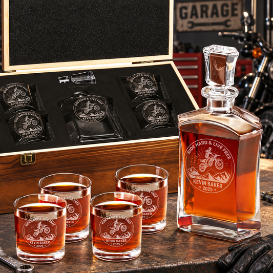 Gift for Car & Motorcycle Enthusiasts – Slick Decanter Set with 4 Glasses & Wooden Box – image 01