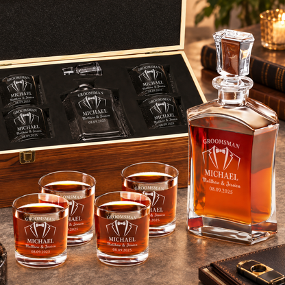 Groomsman Gift – Slick Decanter Set with 4 Glasses & Wooden Box – image 01