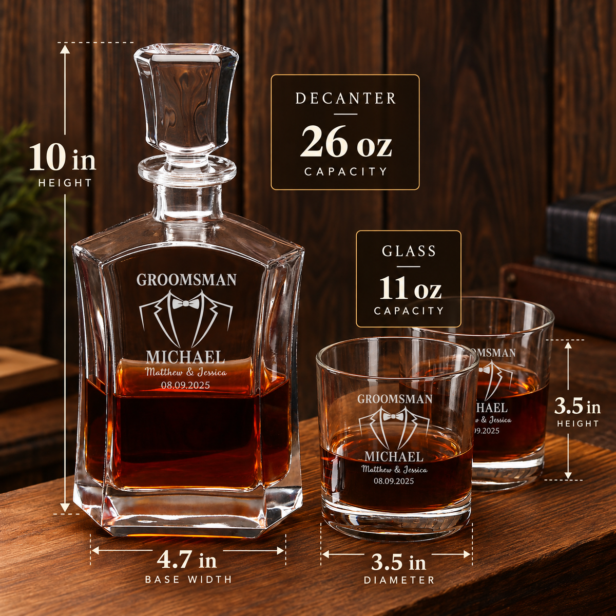 Groomsman Gift – Slick Decanter Set with 4 Glasses & Wooden Box – image 02