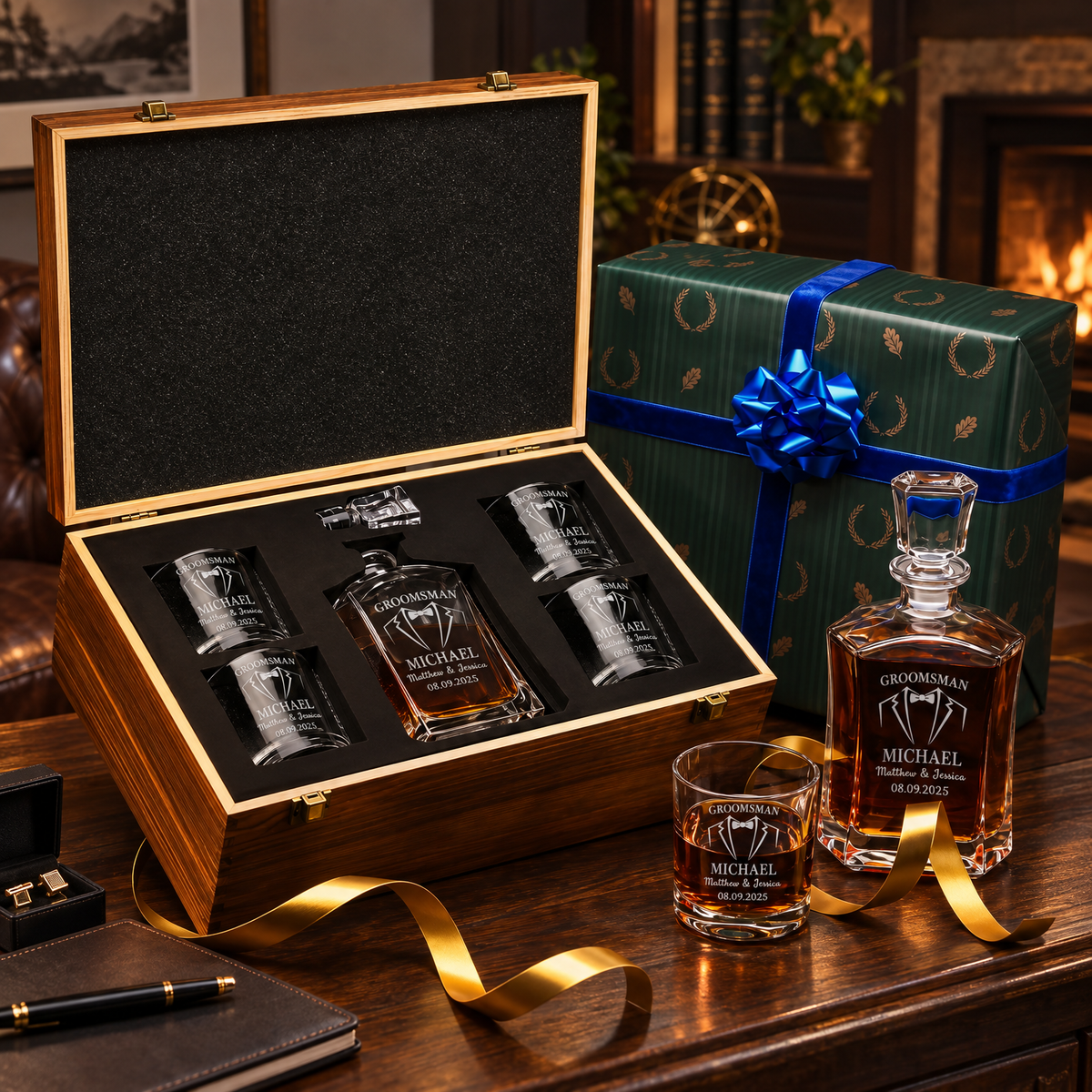 Groomsman Gift – Slick Decanter Set with 4 Glasses & Wooden Box product image