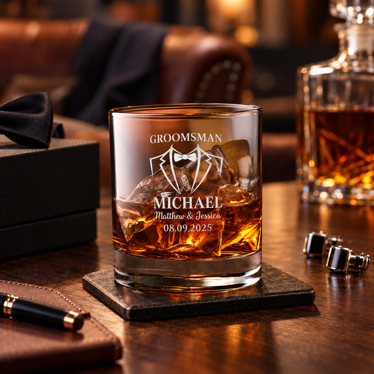 Groomsman Gift – Slick Decanter Set with 4 Glasses & Wooden Box – image 08