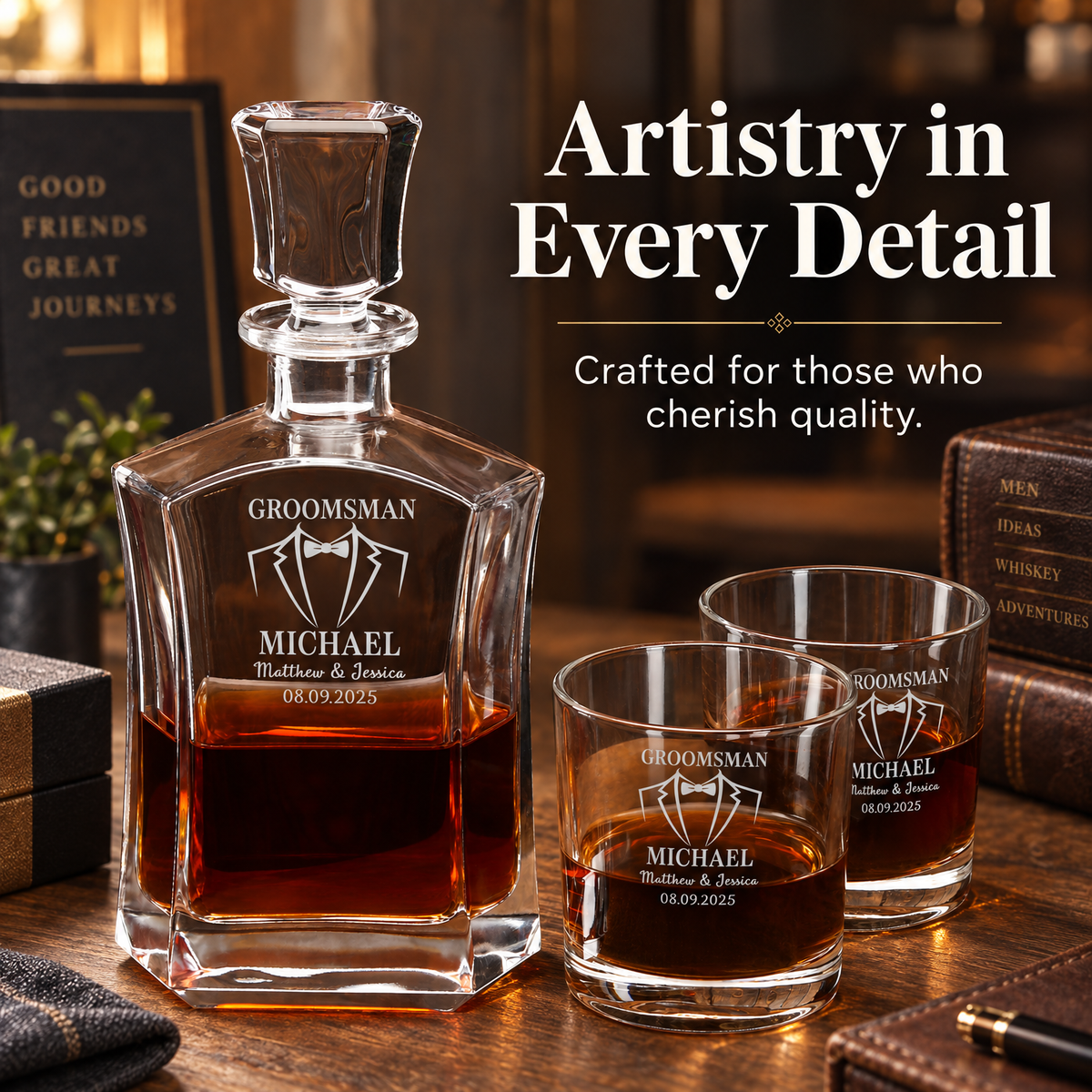 Groomsman Gift – Slick Decanter Set with 4 Glasses & Wooden Box – image 12