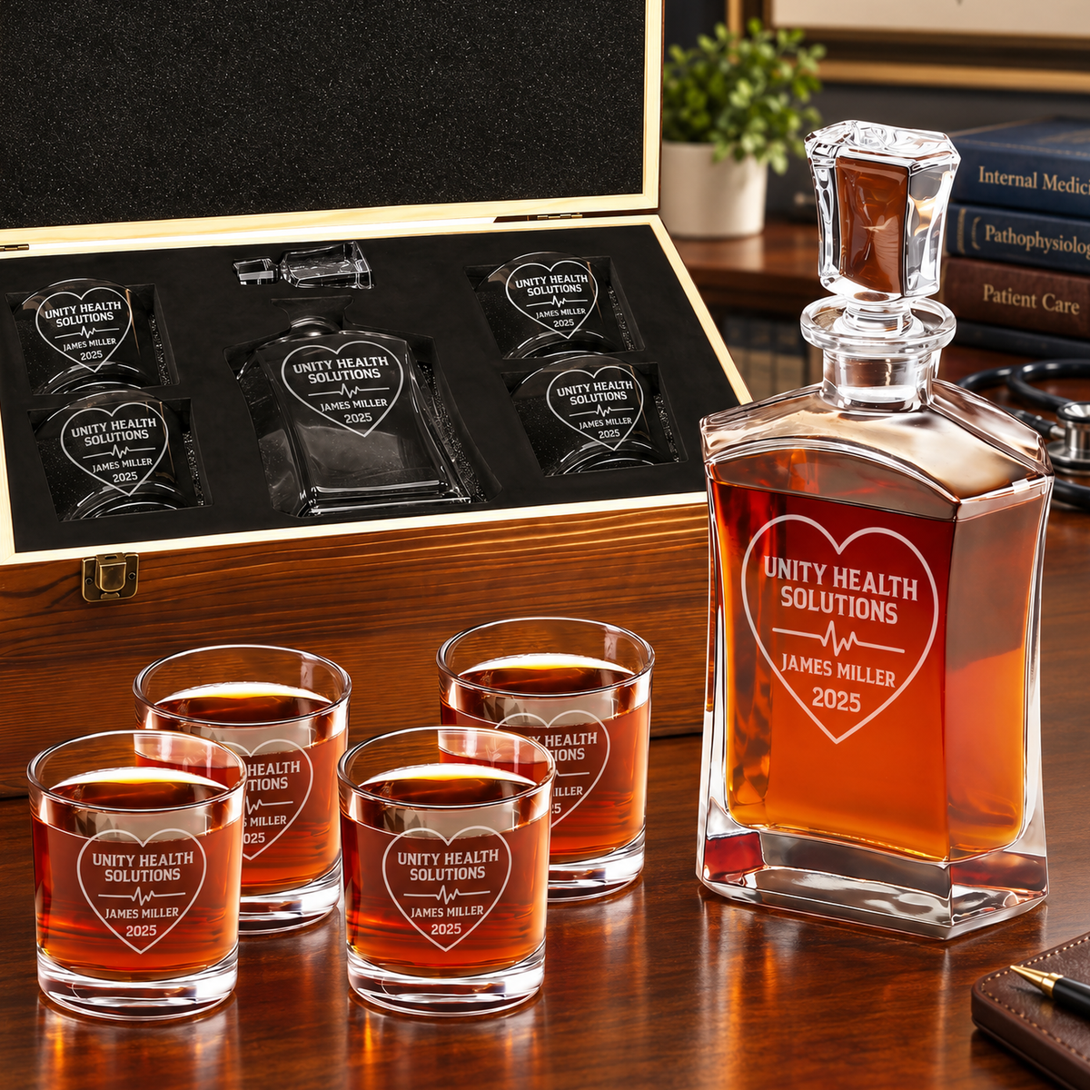 Healthcare Company Gifts – Slick Decanter Set with 4 Glasses & Wooden Box – image 01