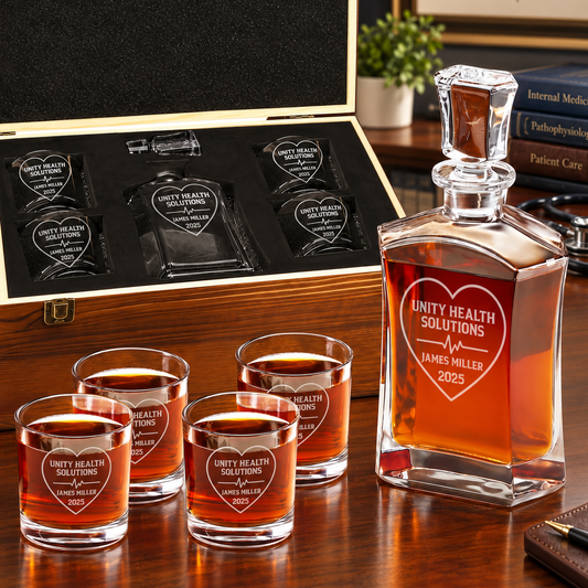 Healthcare Company Gifts – Slick Decanter Set with 4 Glasses & Wooden Box – image 01
