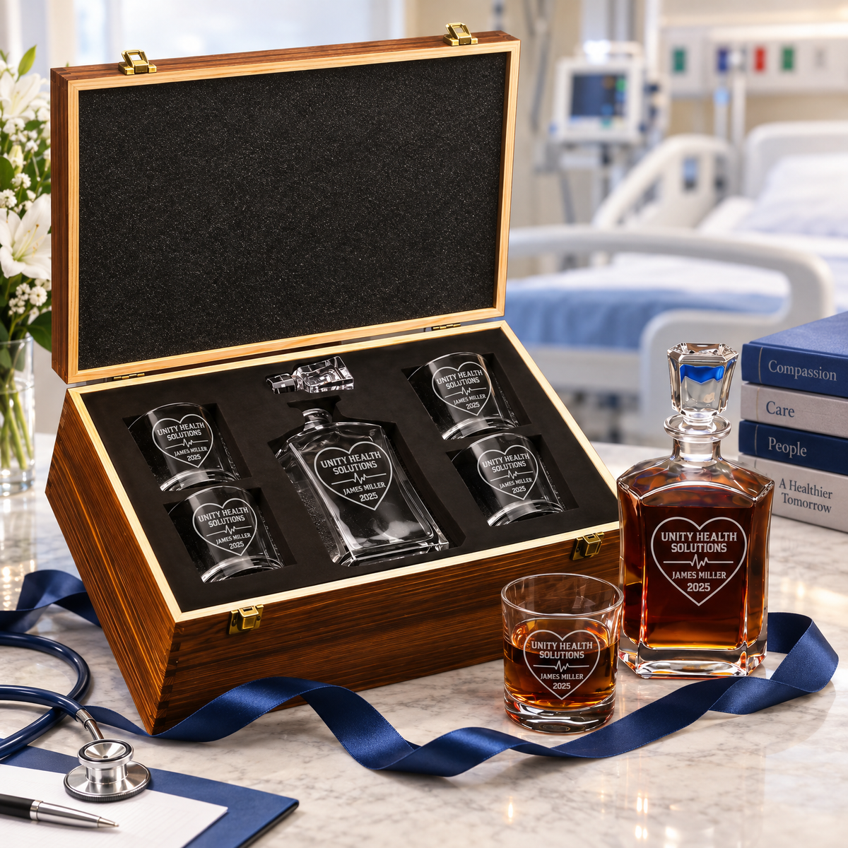 Healthcare Company Gifts – Slick Decanter Set with 4 Glasses & Wooden Box – image 04