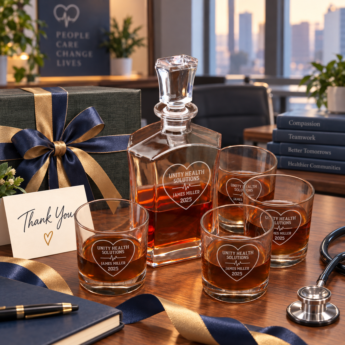 Healthcare Company Gifts – Slick Decanter Set with 4 Glasses & Wooden Box product image