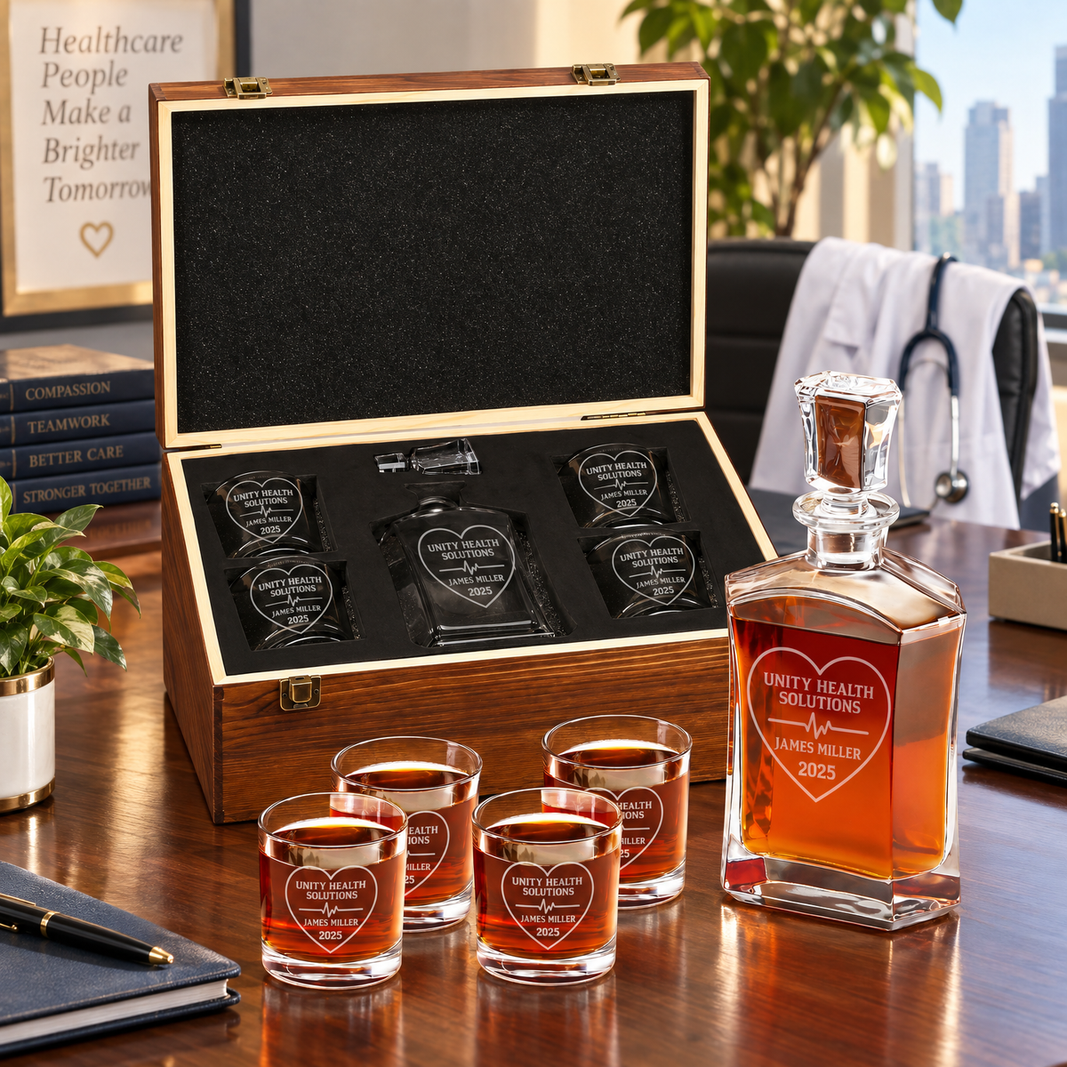 Healthcare Company Gifts – Slick Decanter Set with 4 Glasses & Wooden Box – image 10
