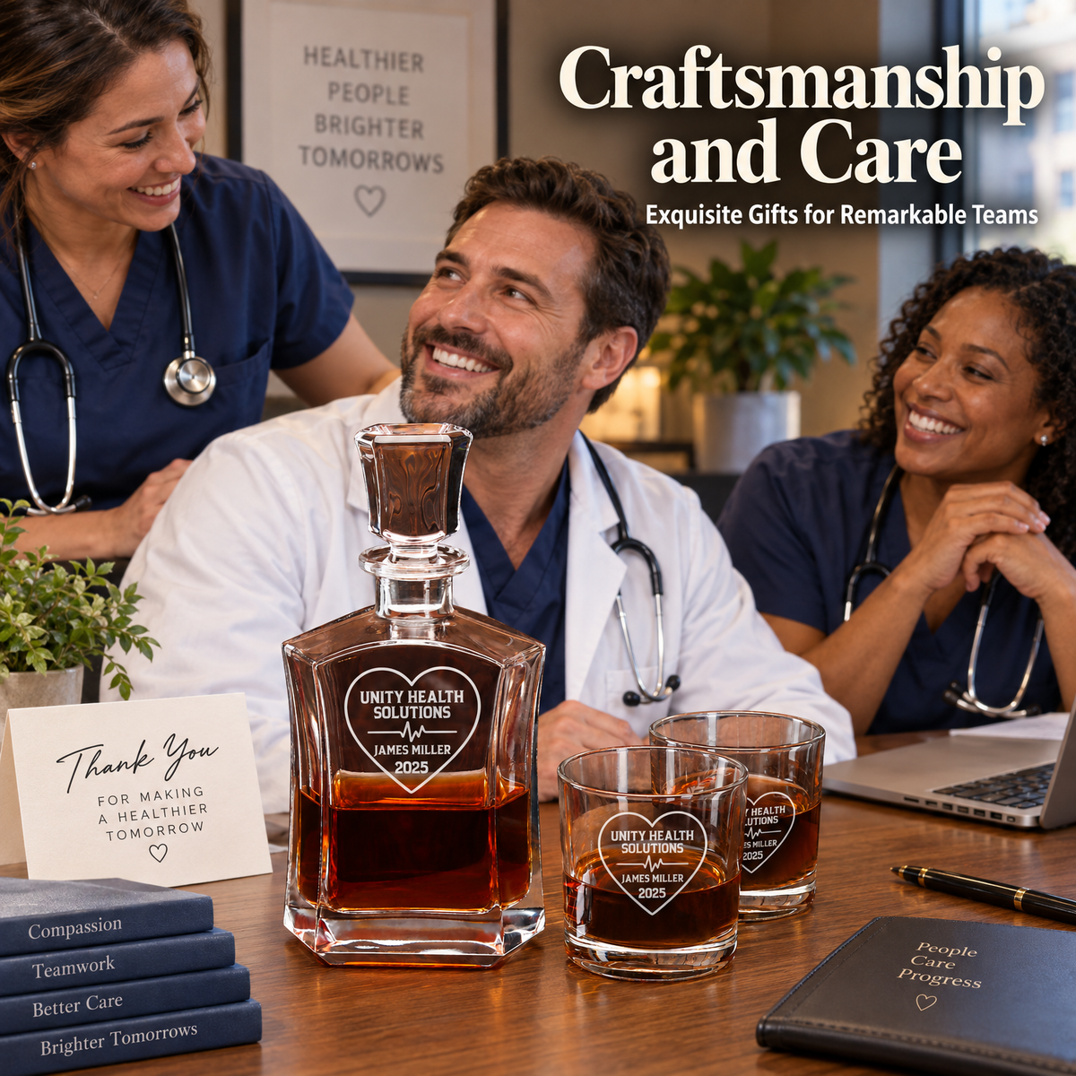 Healthcare Company Gifts – Slick Decanter Set with 4 Glasses & Wooden Box product image