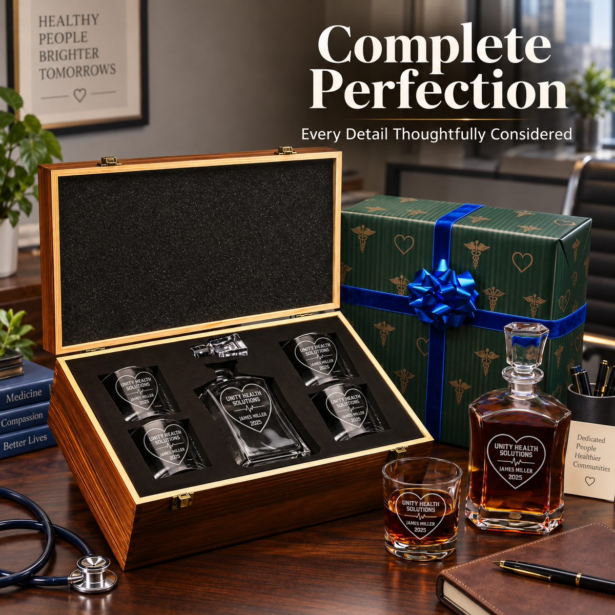 Healthcare Company Gifts – Slick Decanter Set with 4 Glasses & Wooden Box – image 12