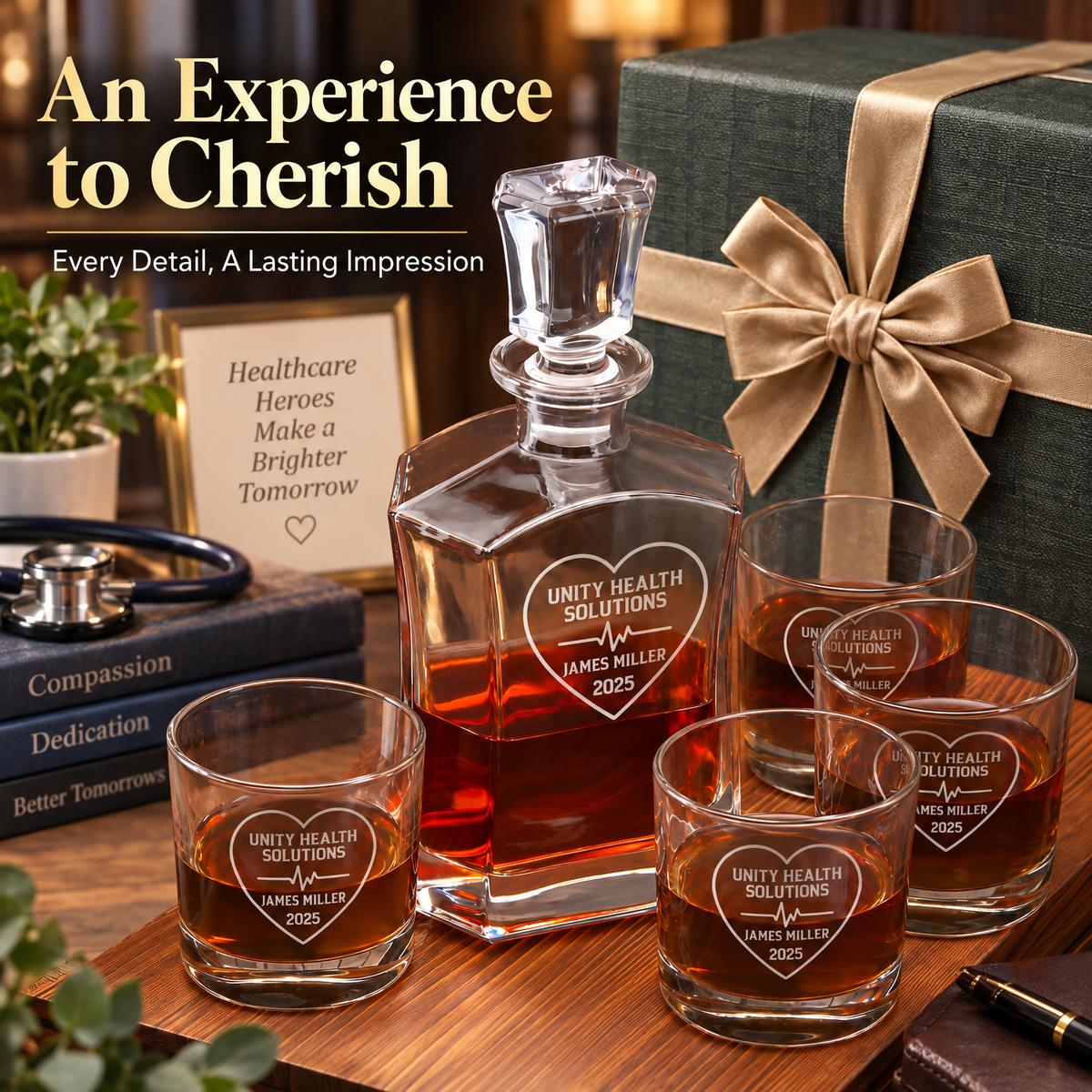 Healthcare Company Gifts – Slick Decanter Set with 4 Glasses & Wooden Box – image 14