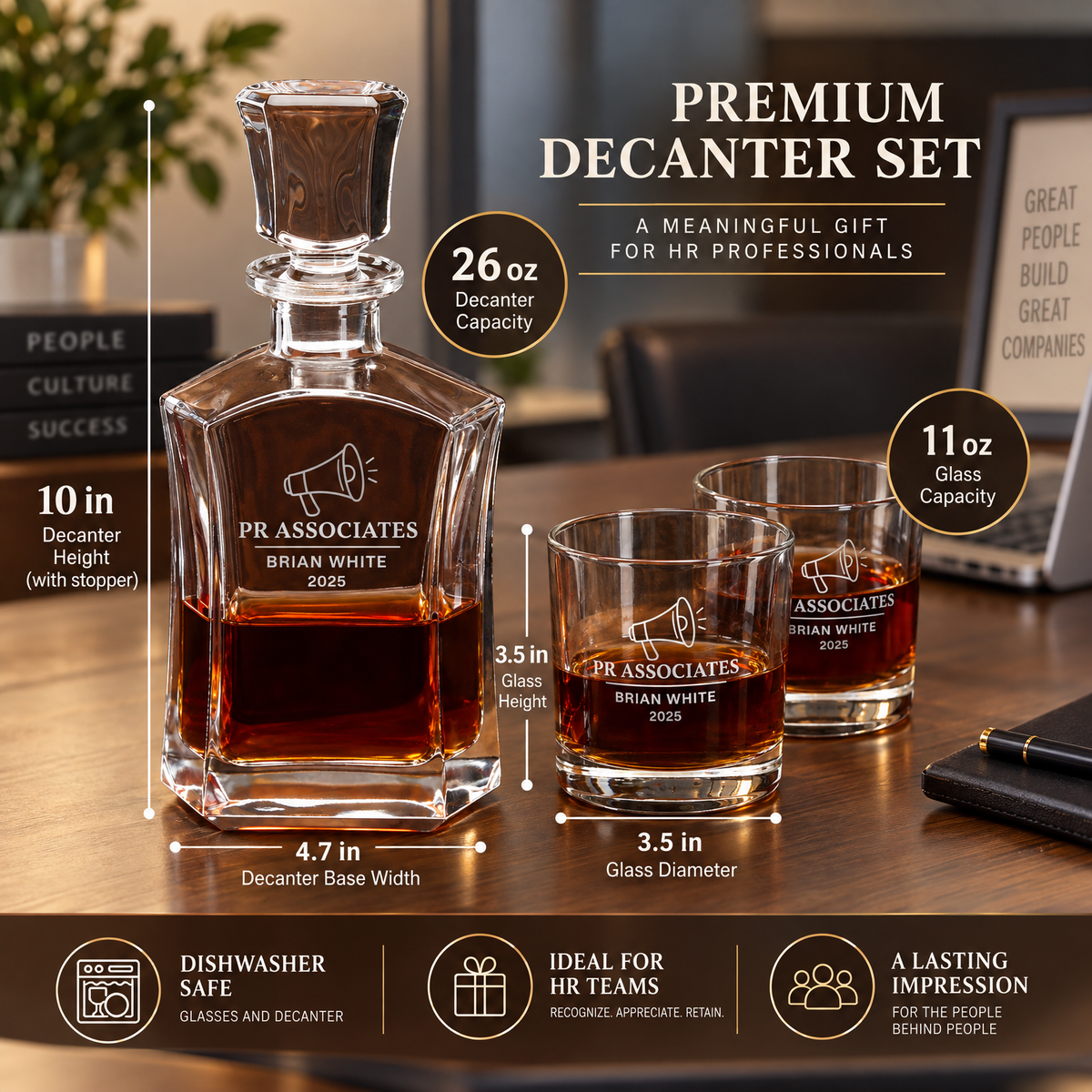 Human Resources Company Gifts – Slick Decanter Set with 4 Glasses & Wooden Box – image 02