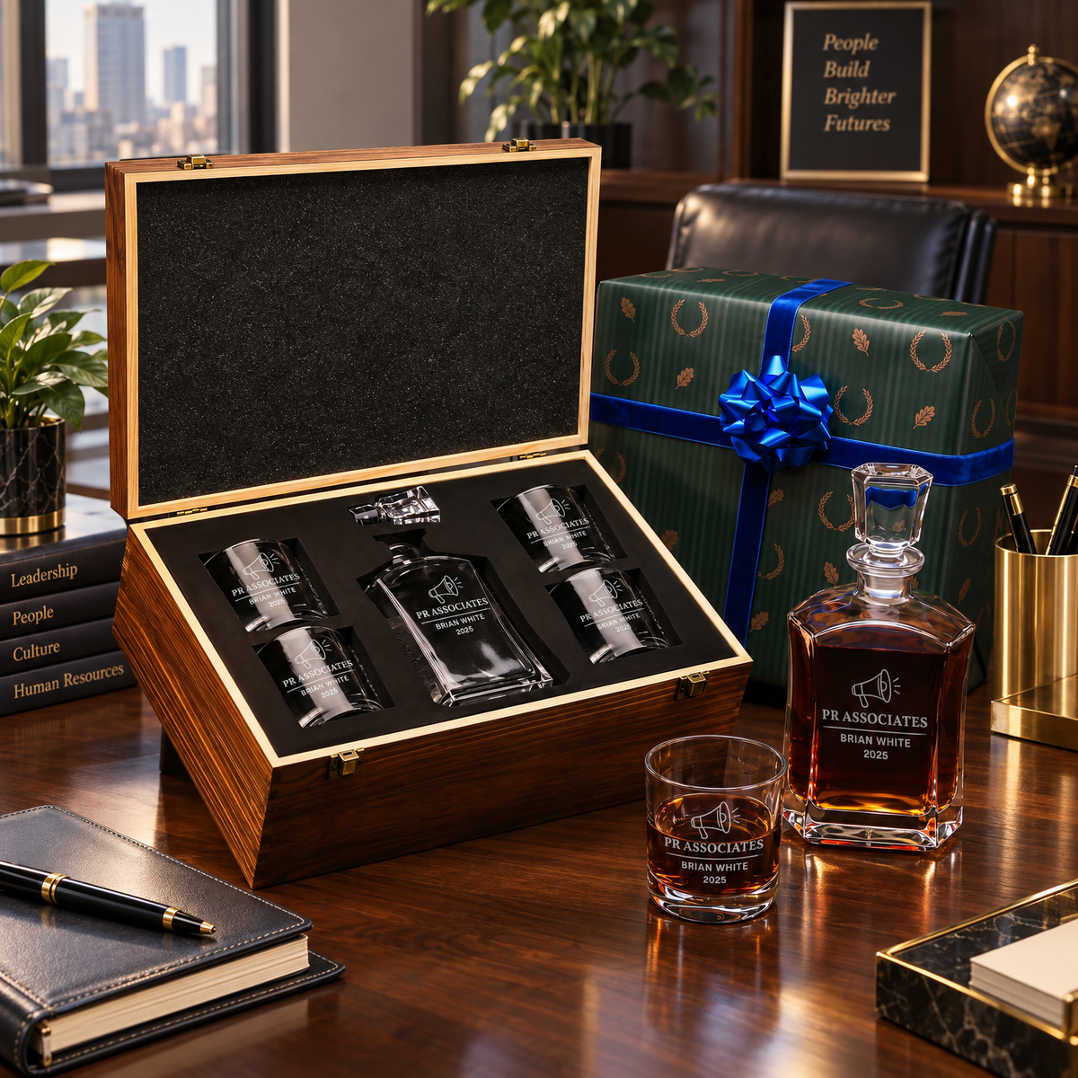 Human Resources Company Gifts – Slick Decanter Set with 4 Glasses & Wooden Box – image 04