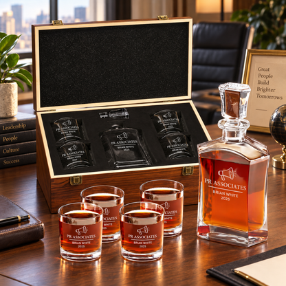 Human Resources Company Gifts – Slick Decanter Set with 4 Glasses & Wooden Box – image 10