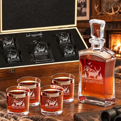 Gift for Hunters – Slick Decanter Set with 4 Glasses & Wooden Box – image 01