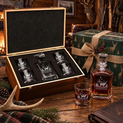 Gift for Hunters – Slick Decanter Set with 4 Glasses & Wooden Box – image 04