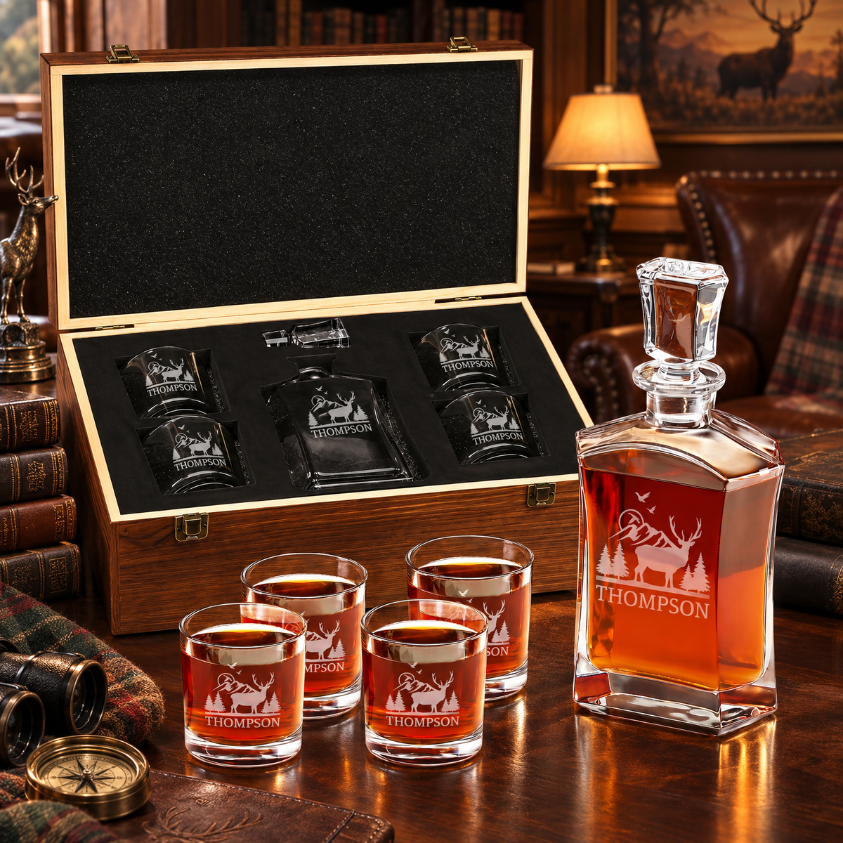 Gift for Hunters – Slick Decanter Set with 4 Glasses & Wooden Box product image