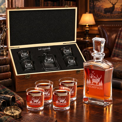 Gift for Hunters – Slick Decanter Set with 4 Glasses & Wooden Box – image 10