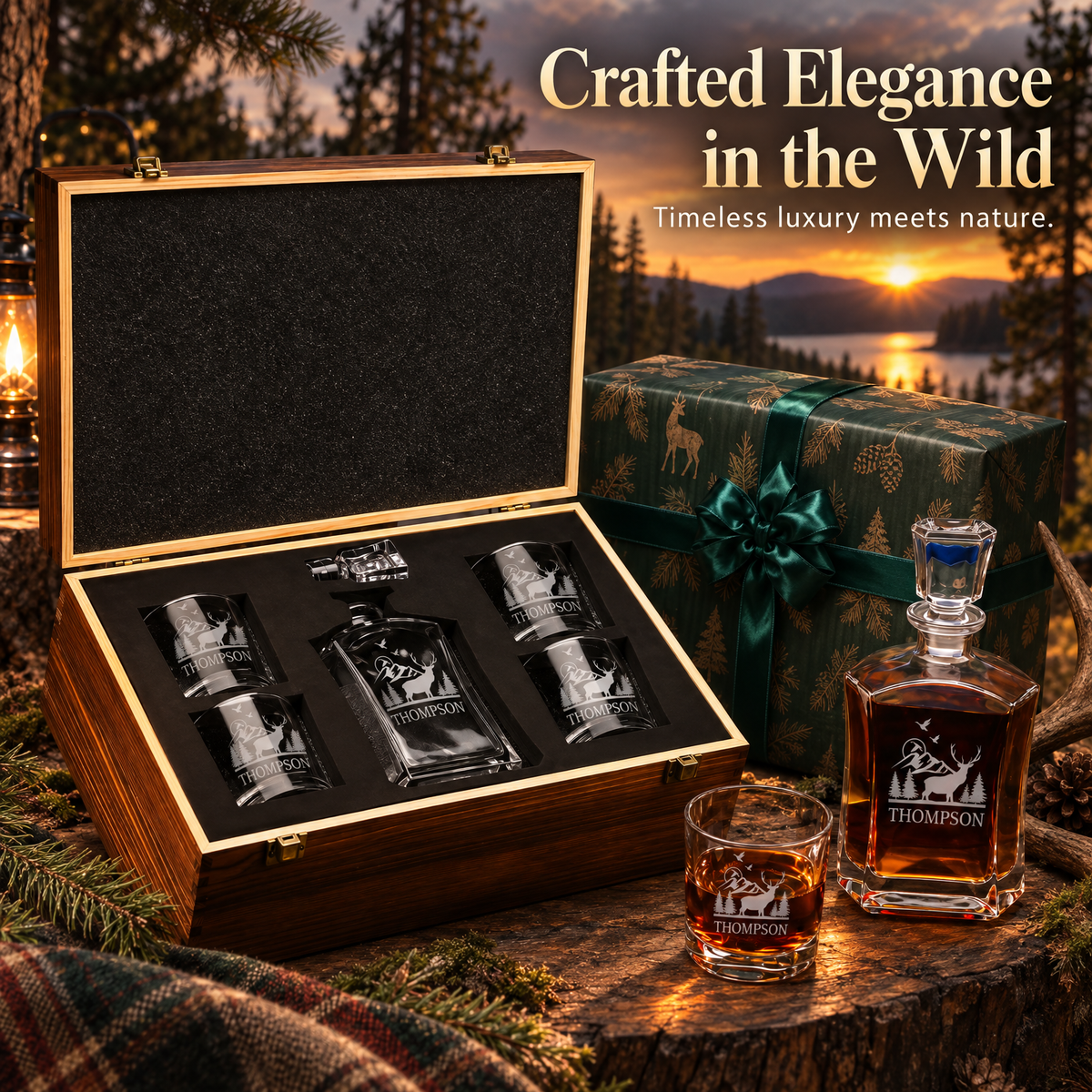 Gift for Hunters – Slick Decanter Set with 4 Glasses & Wooden Box product image