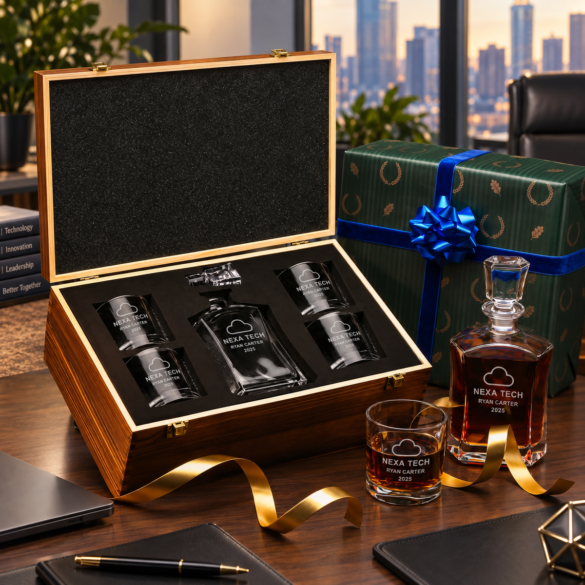 Technology Company Gifts – Slick Decanter Set with 4 Glasses & Wooden Box – image 04