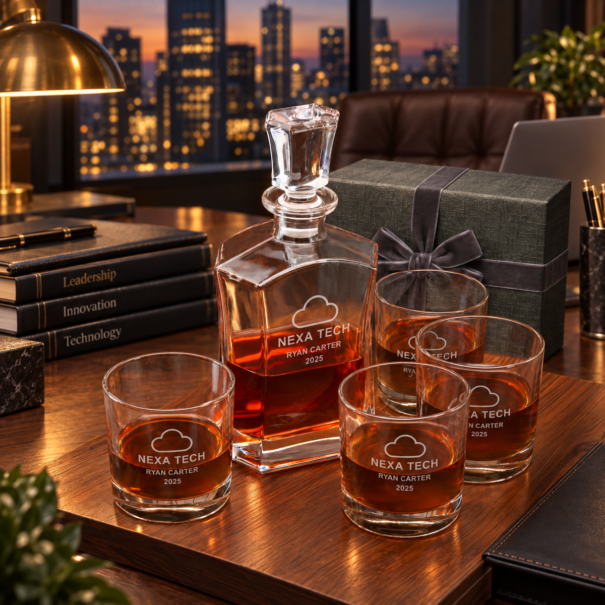Technology Company Gifts – Slick Decanter Set with 4 Glasses & Wooden Box – image 08
