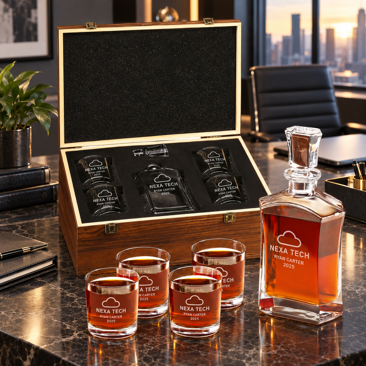 Technology Company Gifts – Slick Decanter Set with 4 Glasses & Wooden Box product image