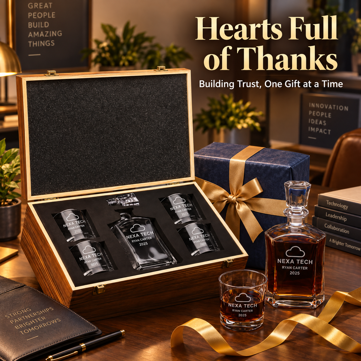Technology Company Gifts – Slick Decanter Set with 4 Glasses & Wooden Box product image