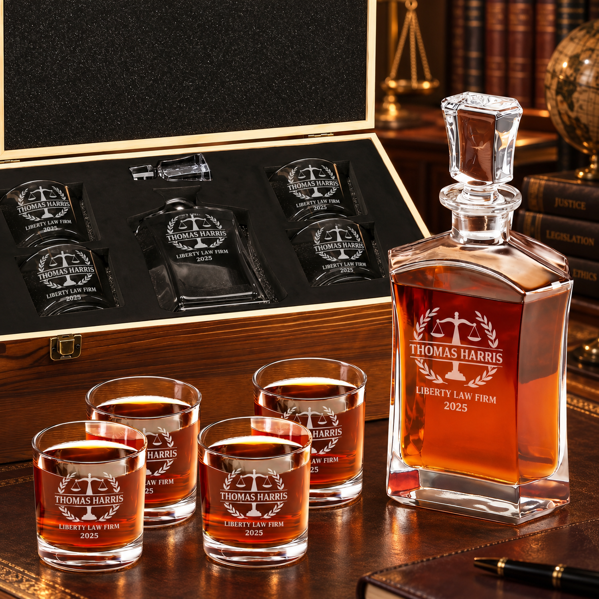 Legal Company Gifts – Slick Decanter Set with 4 Glasses & Wooden Box product image