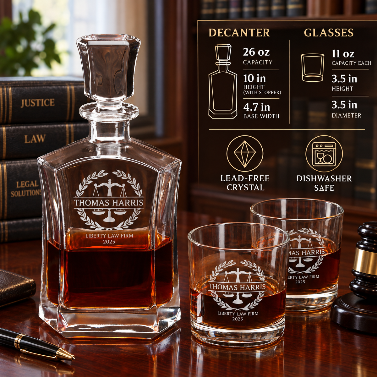 Legal Company Gifts – Slick Decanter Set with 4 Glasses & Wooden Box product image