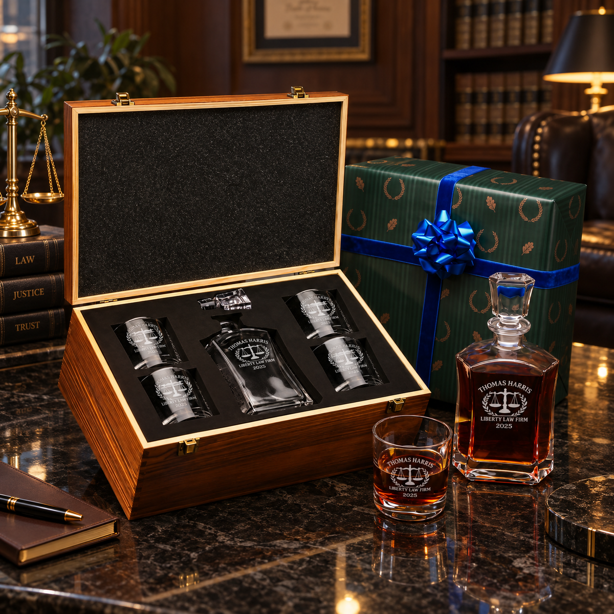 Legal Company Gifts – Slick Decanter Set with 4 Glasses & Wooden Box product image