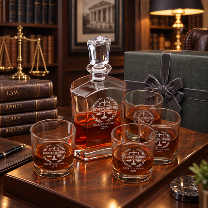 Legal Company Gifts – Slick Decanter Set with 4 Glasses & Wooden Box – image 08