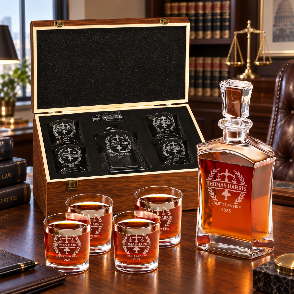 Legal Company Gifts – Slick Decanter Set with 4 Glasses & Wooden Box – image 10