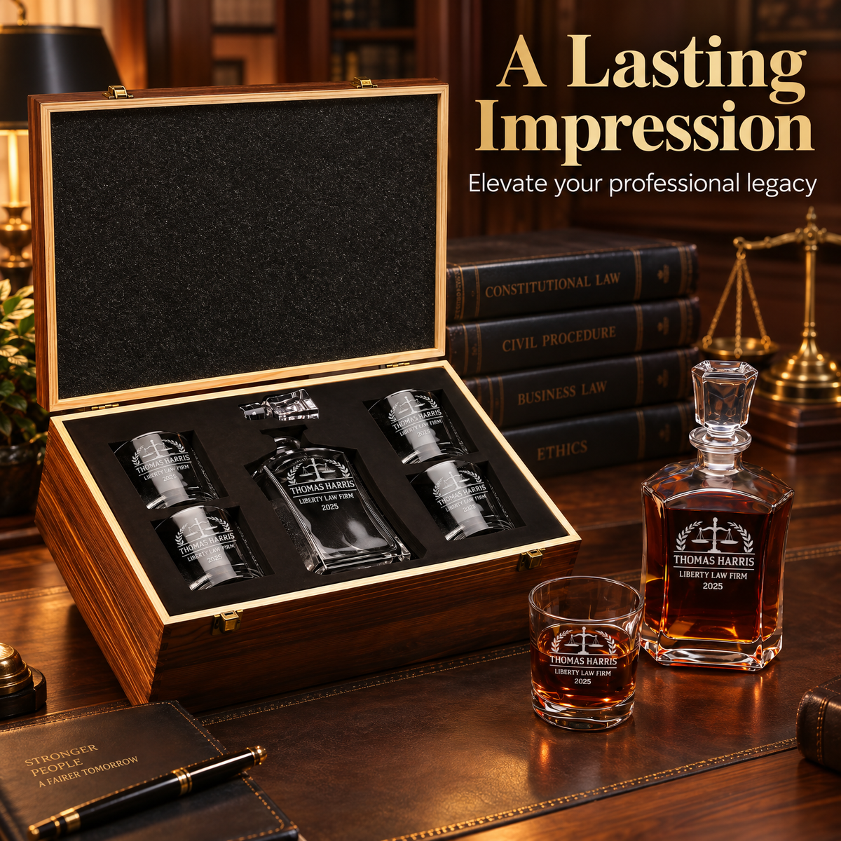 Legal Company Gifts – Slick Decanter Set with 4 Glasses & Wooden Box – image 12