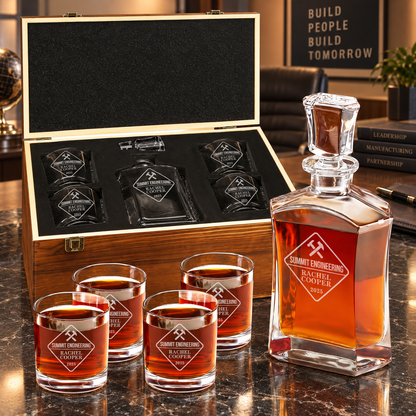 Manufacturing Company Gifts – Slick Decanter Set with 4 Glasses & Wooden Box – image 01
