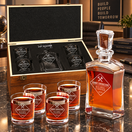 Manufacturing Company Gifts – Slick Decanter Set with 4 Glasses & Wooden Box – image 01