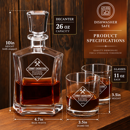 Manufacturing Company Gifts – Slick Decanter Set with 4 Glasses & Wooden Box – image 02