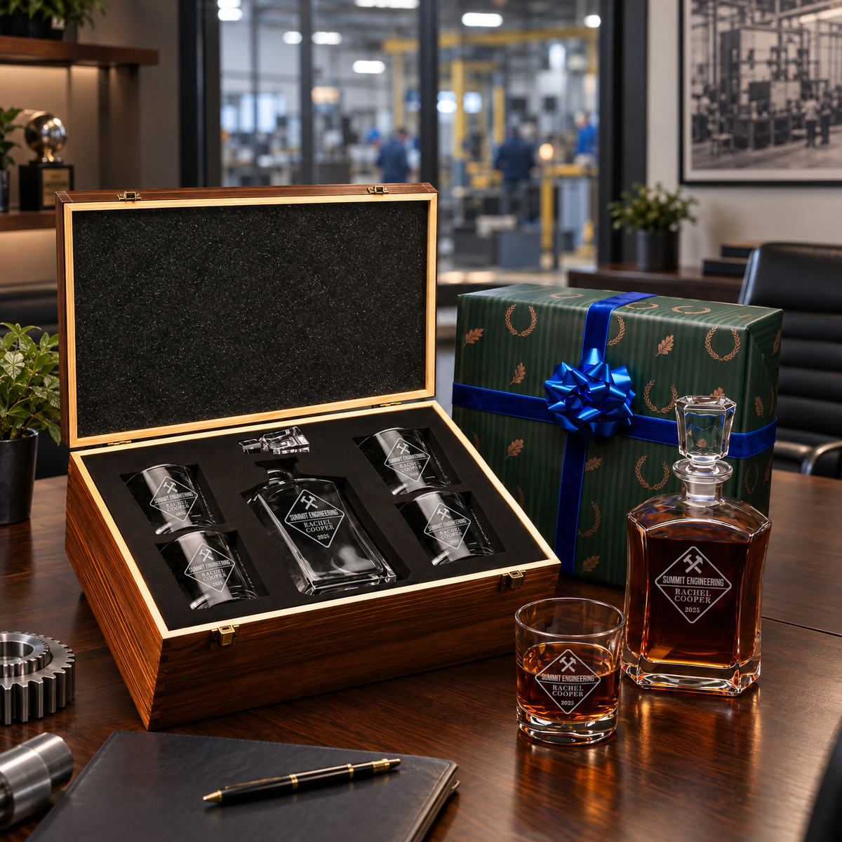Manufacturing Company Gifts – Slick Decanter Set with 4 Glasses & Wooden Box product image
