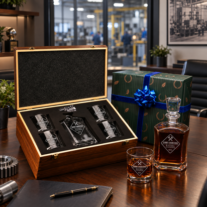 Manufacturing Company Gifts – Slick Decanter Set with 4 Glasses & Wooden Box – image 04