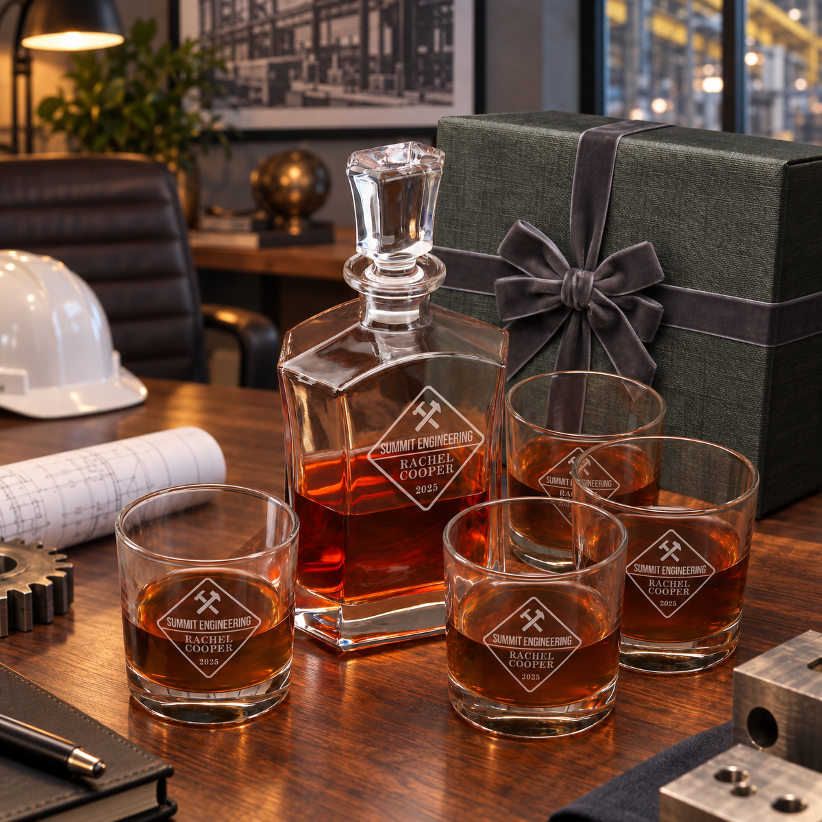 Manufacturing Company Gifts – Slick Decanter Set with 4 Glasses & Wooden Box – image 08